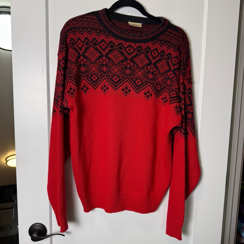 Vintage Meister Men's Wool Sweater Fair Isle Black Red Christmas Holiday Nordic